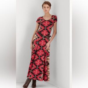 Lauren Ralph Lauren Pink and Tan Southwestern Cotton Maxi Dress. Short Sleeve.